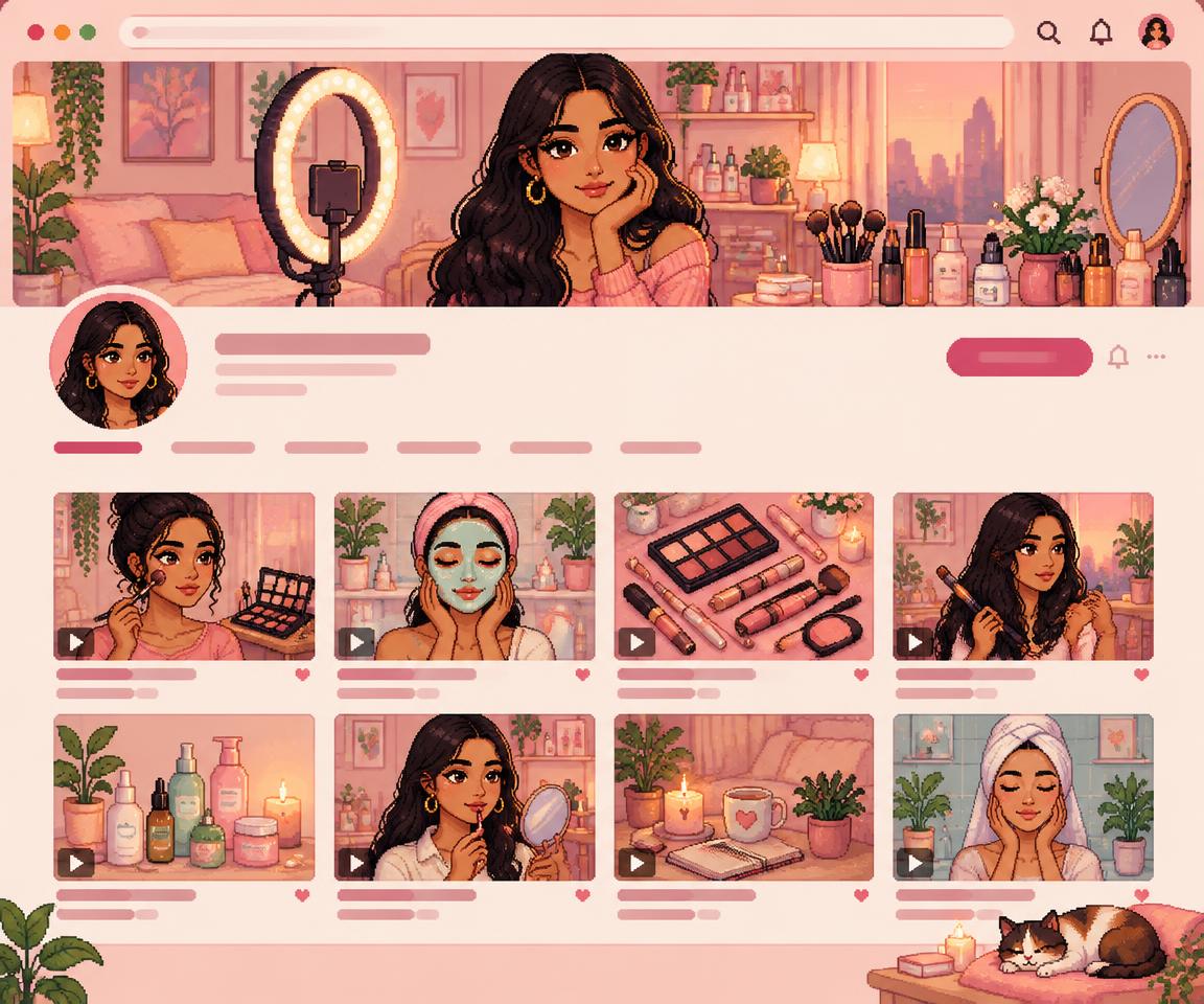 Pixel-art beauty creator homepage with tutorial videos and a ring light