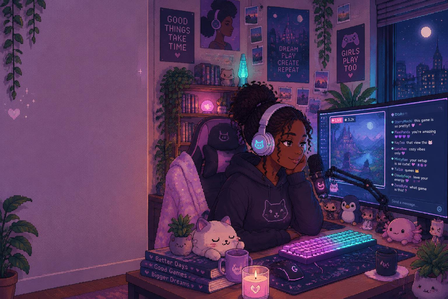 Pixel-art streamer in headphones at a cozy desk with a live stream and chat on screen